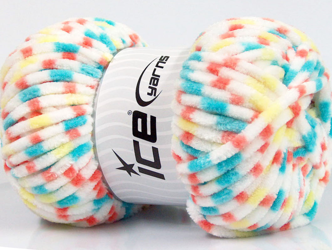Wit|Turkoois|Geel|Zalm Chenille Garen 4x100gr