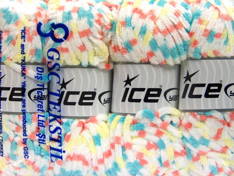 Wit|Turkoois|Geel|Zalm Chenille Garen 4x100gr