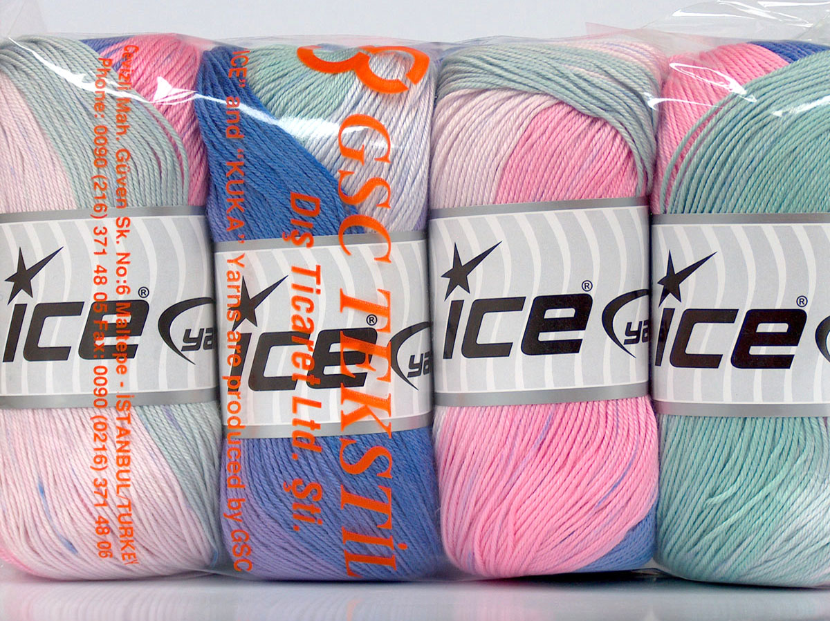 Blauw|Lila|Roze tinten|Mint Groen Zelfstrepende Garens 4x100gr