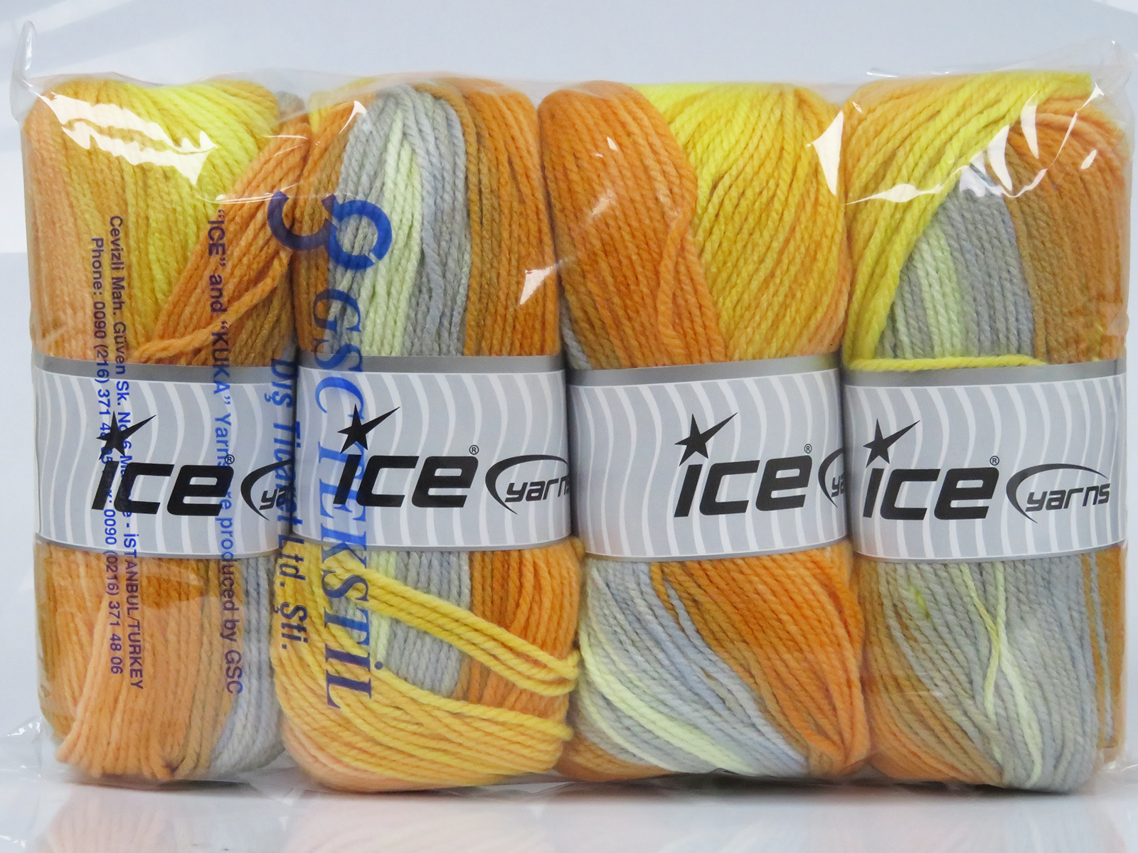 Geel|Goud|Licht Grijs|Zalm Zelfstrepende Garens 4x100gr