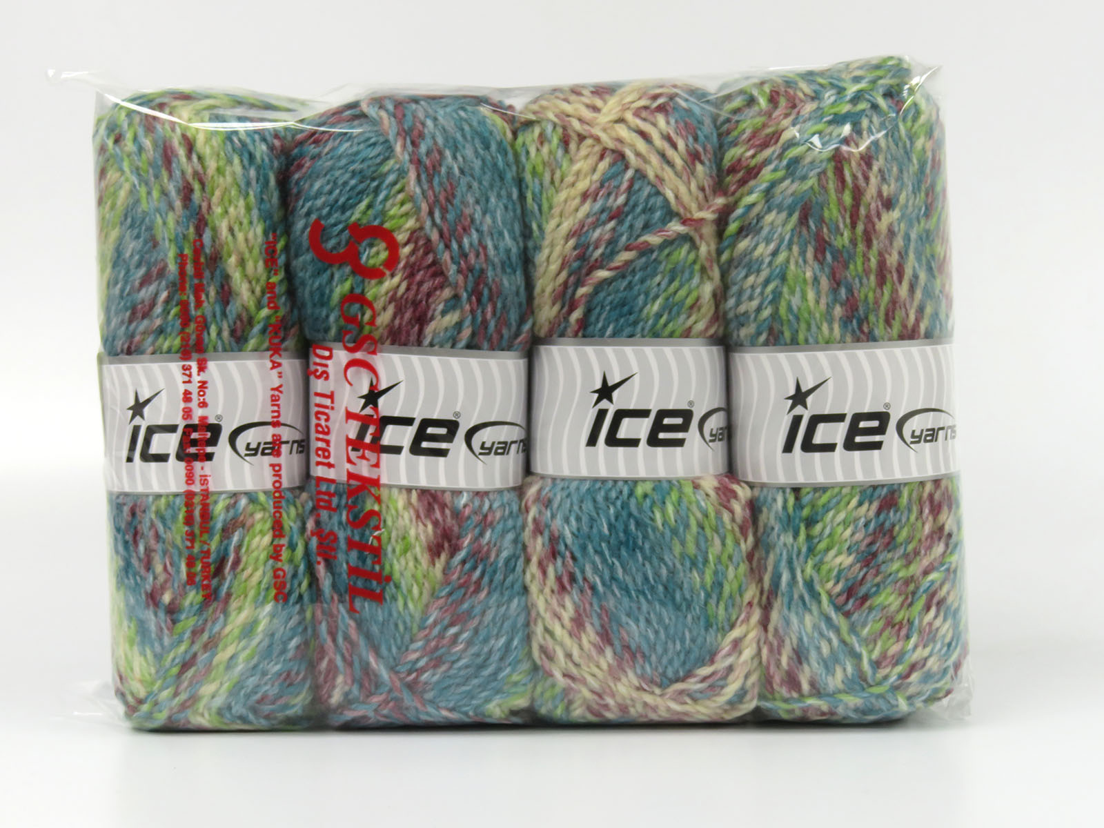 Groen|Crème|Turkoois|Kastanjebruin Zelfstrepende Garens 4x100gr