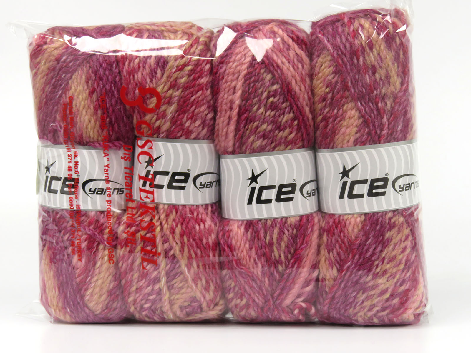 Rood|Lila tinten|Roze tinten Zelfstrepende Garens 4x100gr