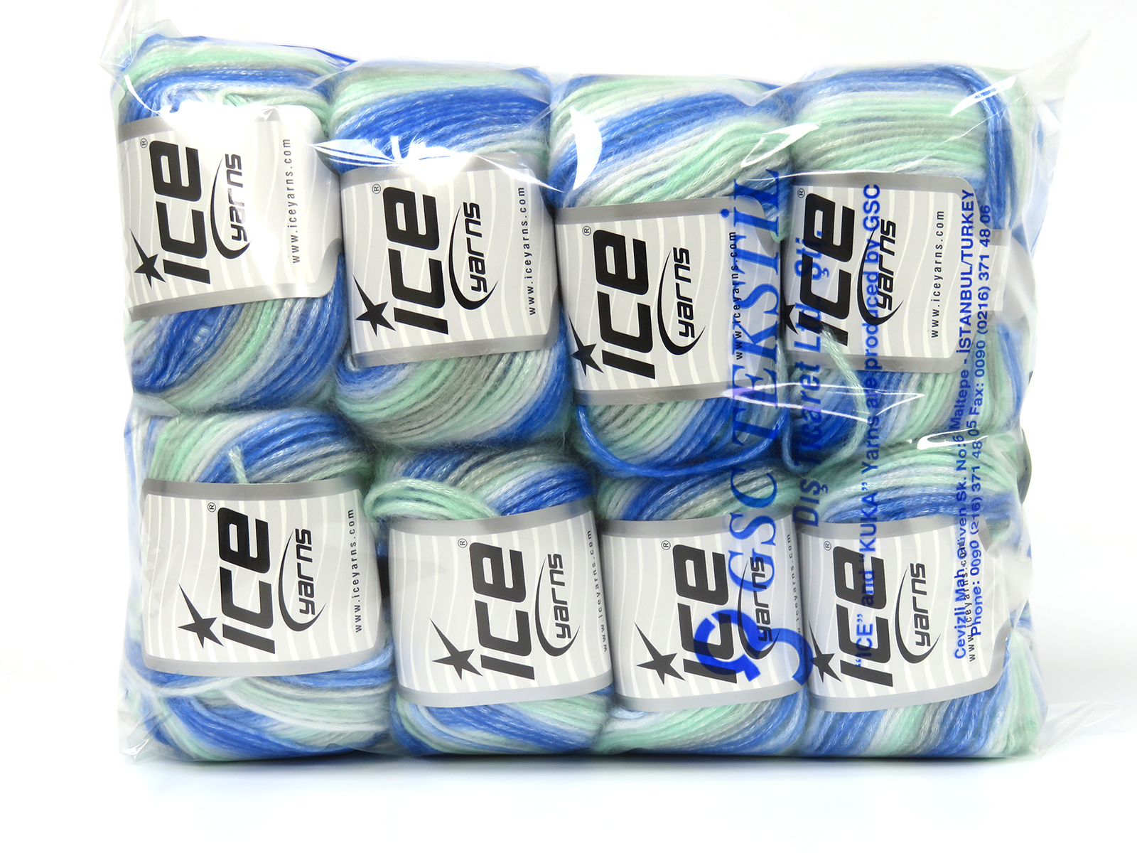 Ice Yarns Picasso Blauw|Wit|Licht Grijs|Mint Groen Zelfstrepende Garens 8x50gr