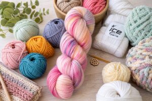 Verschillende soorten wol en garens van groothandel wol, inclusief merino, alpaca, katoen, chenille en sokkenwol, geschikt voor breien, haken en borduren – met merk Ice Yarns.